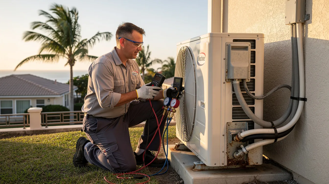 A skilled technician is inspecting the outdoor unit of a split air conditioner in a coastal residential area, ensuring its efficient performance and checking for any potential faults. The setting includes a view of nearby homes, emphasizing the importance of aircon repairs and maintenance for comfort in summer.
