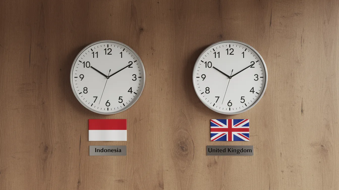 The image features two analog clocks mounted on a wooden wall, one displaying the current time in Jakarta, Indonesia, indicated by a small Indonesian flag, while the other shows the time in London, United Kingdom, marked with a British flag. This visual representation highlights the time difference between these two countries, making it useful for planning meetings or coordinating schedules across time zones.