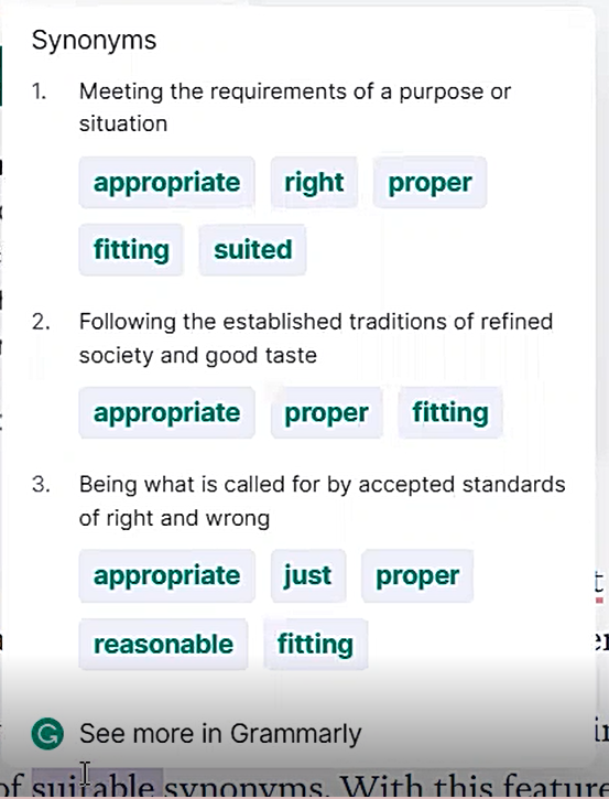 Screenshot of Grammarly's synonymns suggestion.