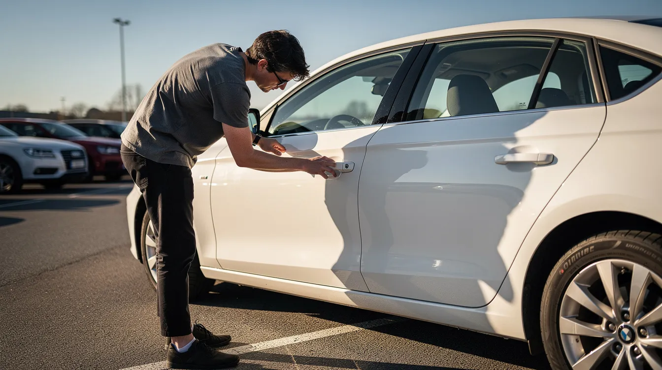 Iemand controleert de carrosserie van een witte auto op een zonnige parkeerplaats.