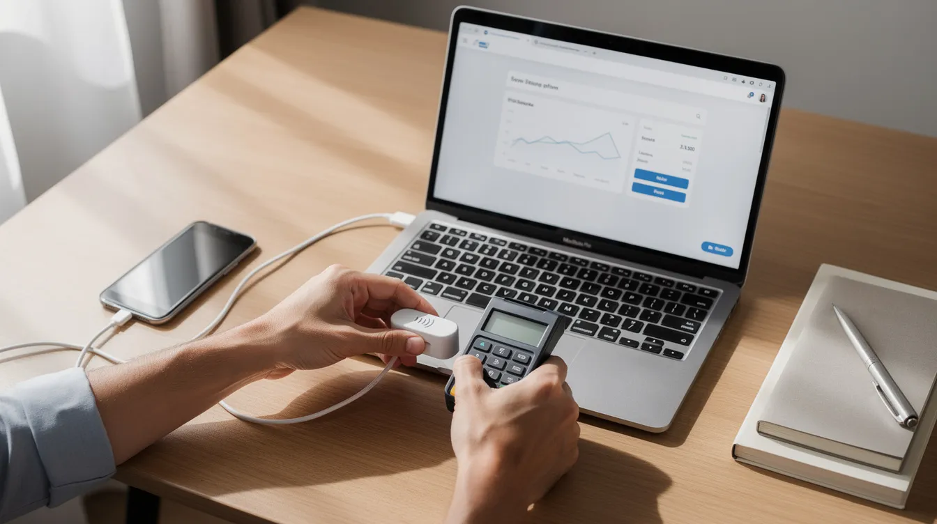 The image depicts hands setting up a credit card reader next to a laptop on a desk, illustrating the process of accepting credit card payments. This setup is essential for businesses seeking efficient payment processing solutions and managing transaction fees effectively.