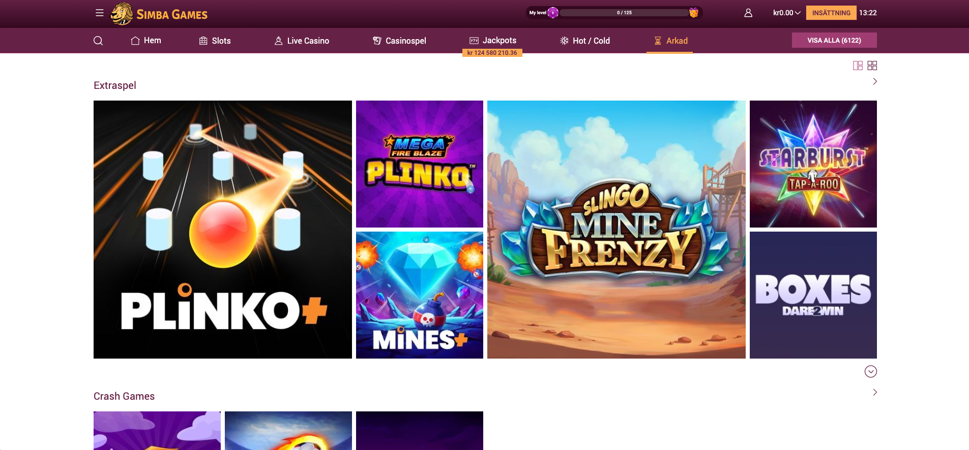 SimbaGames Casino arkadspel och crash games i extraspel-kategorin