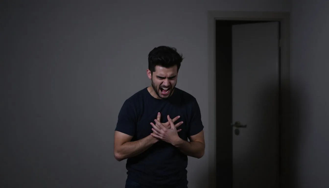 A male is standing with his bare chest exposed, displaying a look of disgust on his face, possibly reflecting his discomfort with breast enlargement or gynecomastia. This image highlights the emotional and physical challenges associated with conditions that cause swollen breast tissue in men.