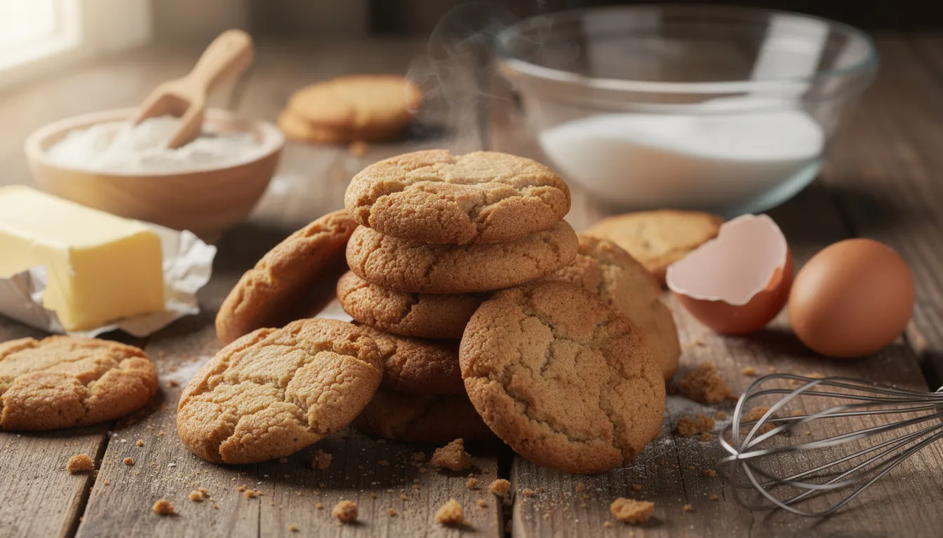 Auf einem rustikalen Holztisch liegen frisch gebackene, goldbraune Kekse, umgeben von verschiedenen Backzutaten wie Mehl, Zucker und Butter. Diese köstlichen Kekse, möglicherweise Haschkekse, sind ideal für den Genuss und die Zubereitung von Cannabisprodukten.