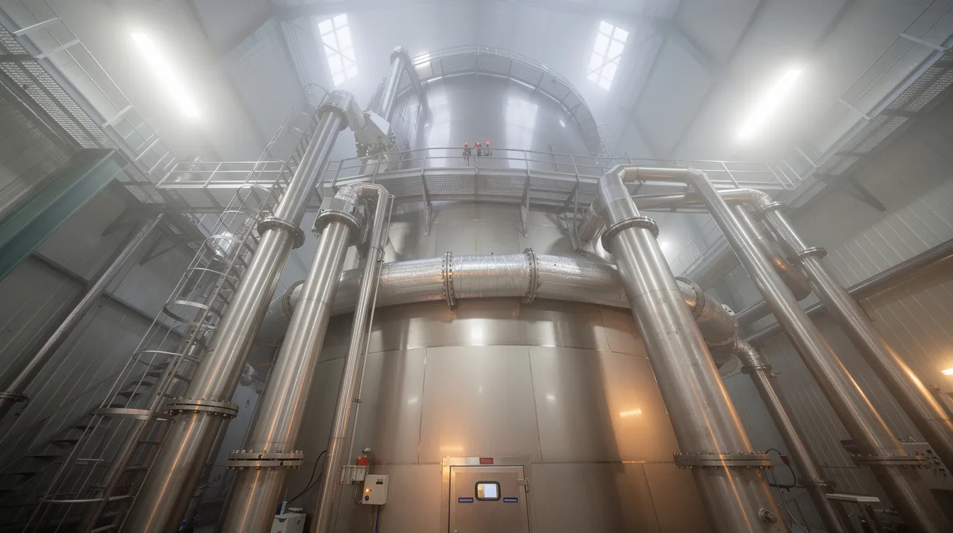 The image depicts the interior of a tall industrial spray drying tower, featuring stainless steel pipes and ducting that facilitate the drying process of liquid milk into milk powder. This setup is essential in a milk powder manufacturing plant, ensuring operational efficiency and quality control in producing dairy products like skim milk powder and whole milk powder.