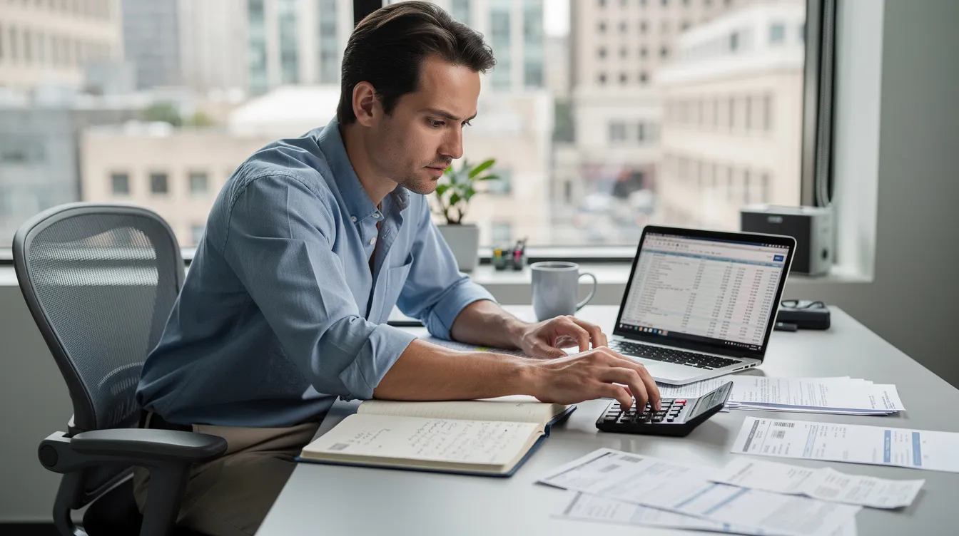 e1b9420d f3b7 4f13 8cc2 16929477eac1 A small business owner is seated at a desk, focused on preparing financial documents with a calculator, notebook, and laptop. The scene highlights the importance of creating a detailed project report for a Mudra loan, including financial projections and cash flow statements essential for securing bank loans.