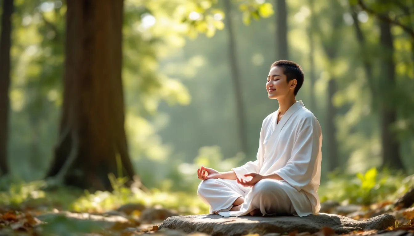 The image depicts a person meditating peacefully in a serene natural setting, surrounded by lush greenery and soft sunlight filtering through the trees. This tranquil scene emphasizes the importance of mental health and stress relief, which can be supported by magnesium supplementation and other dietary supplements for overall well-being.