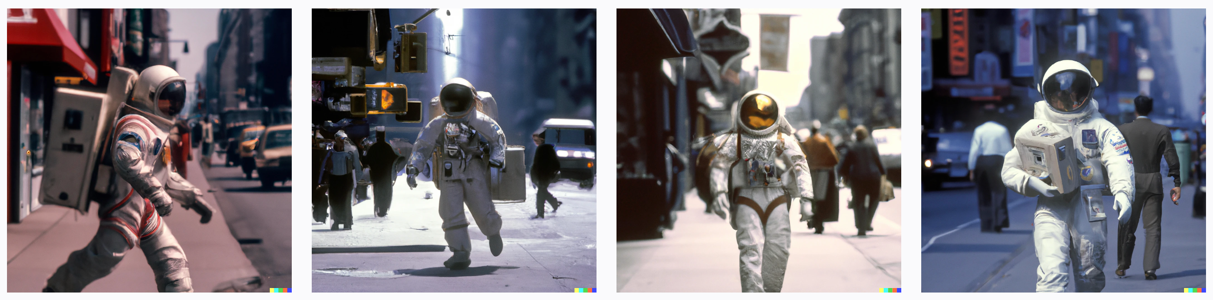 4 images of an astronaut in spacesuit carrying briefcase walking on busy New York street in 1950's. retro, photorealistic Sigma 85 mm f/8