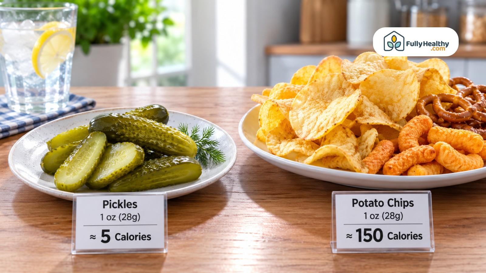 Pickles and potato chips compared with calorie labels on a wooden table