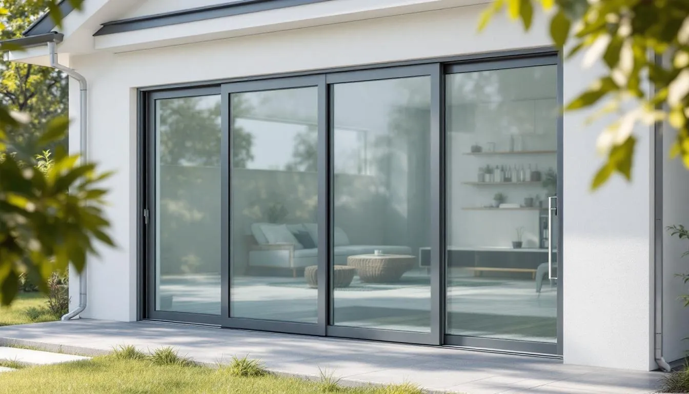 Een grote aluminium schuifpui van 8 meter breed met twee delen die naar elkaar schuiven, geplaatst aan de buitenzijde van een woning. Deze onderhoudsvriendelijke pui biedt een schitterend uitzicht en sluit naadloos aan op de moderne architectuur van het huis.