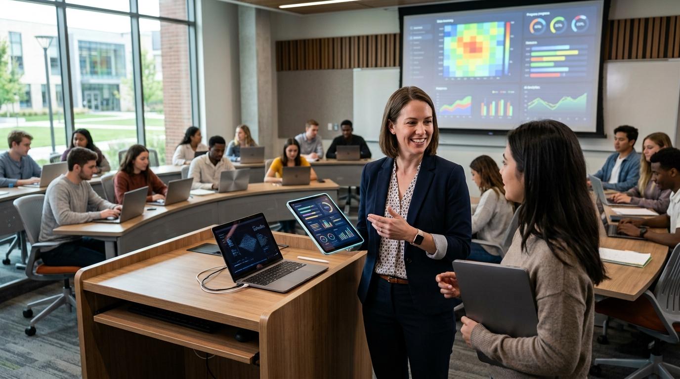 University instructor seamlessly managing digital assignments through an integrated learning platform while AI assists with grading, modern classroom.