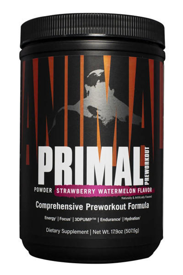 A bottle of Animal Primal Pre Workout with its potency label