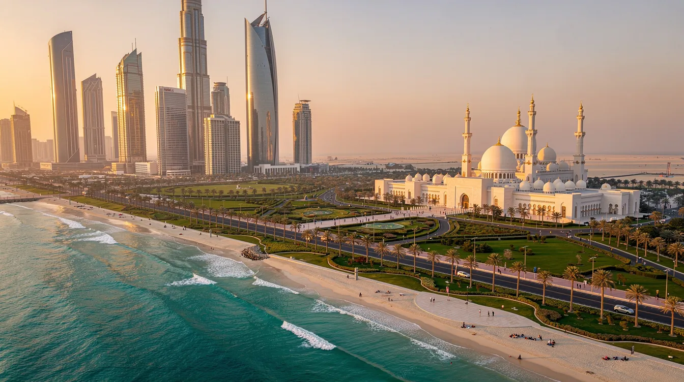Imagem de Abu Dhabi, a capital dos Emirados Árabes Unidos, que abriga milhões de habitantes. A cidade é um destino turístico famoso, destacando-se por sua arquitetura moderna e rica cultura árabe à beira do Golfo Pérsico.