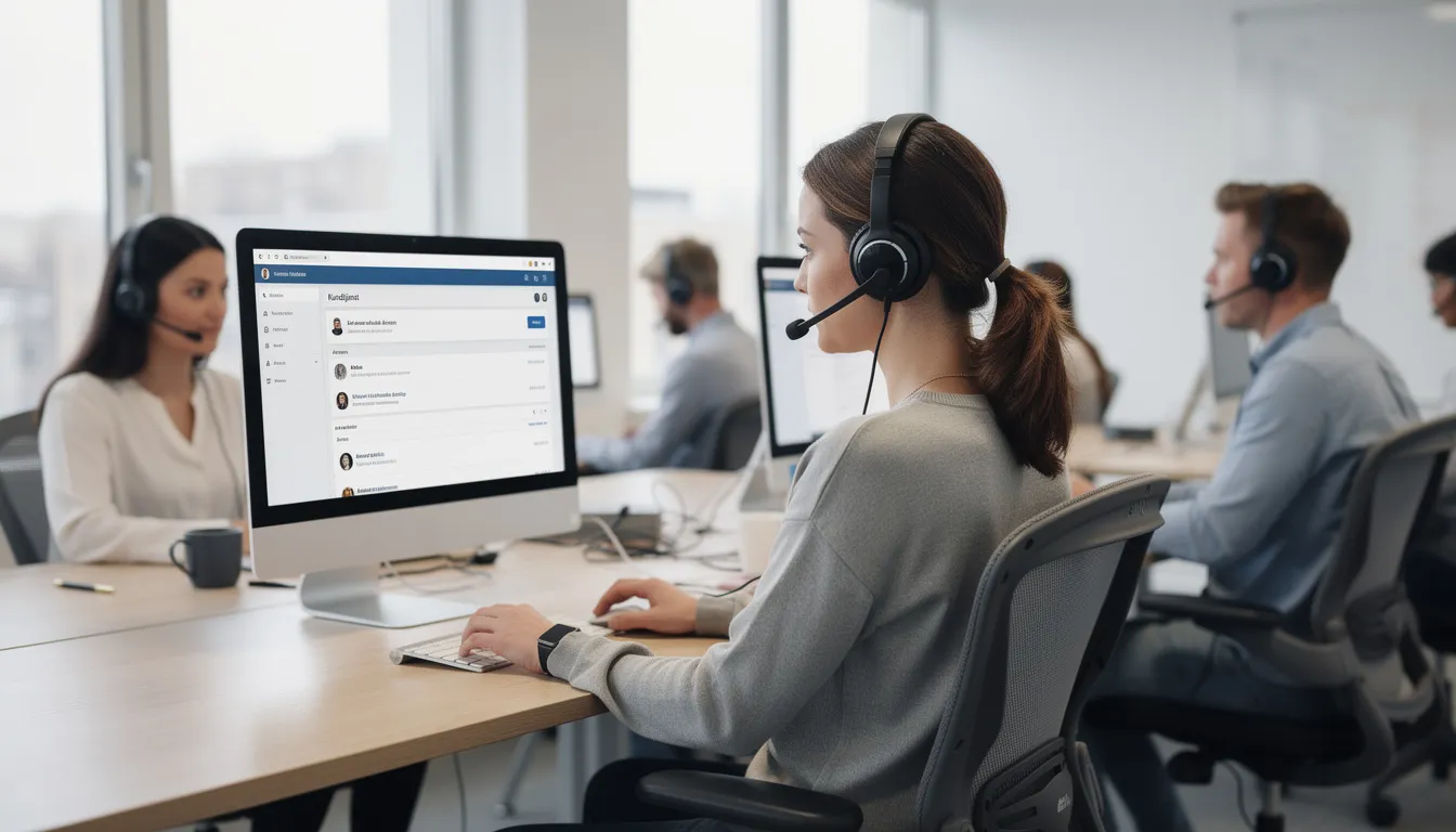 En kundtjänstmedarbetare med headset sitter vid en dator och hjälper spelare som vill spela hos Turbonino. Med fokus på att erbjuda snabb och effektiv support via chatt och e-post, är personalen tillgänglig dygnet runt för att svara på frågor om insättningar och uttag.