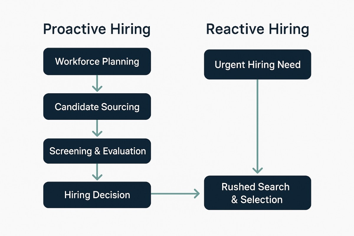 Side-by-side flowchart comparing proactive and reactive hiring processes. The left column, titled 'Proactive Hiring,' shows a step-by-step sequence: Workforce Planning → Candidate Sourcing → Screening & Evaluation → Hiring Decision. The right column, titled 'Reactive Hiring,' starts with 'Urgent Hiring Need' and jumps directly to 'Rushed Search & Selection.' The design uses dark navy boxes, soft teal arrows, and a clean white background.