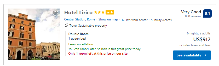 Price of the Hotel Lirico in Rome for our WayAway cashback example.