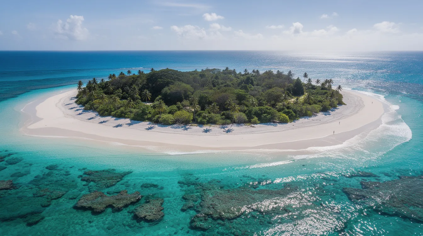 Die Luftaufnahme zeigt eine malerische tropische Insel, die von glitzerndem, türkisfarbenem Wasser umgeben ist. Die üppigen grünen Palmen und der feine Sandstrand verleihen der Szenerie ein paradiesisches Flair, das an die luxuriösen Lebensstile von Hollywoodstars wie Leonardo DiCaprio erinnert.