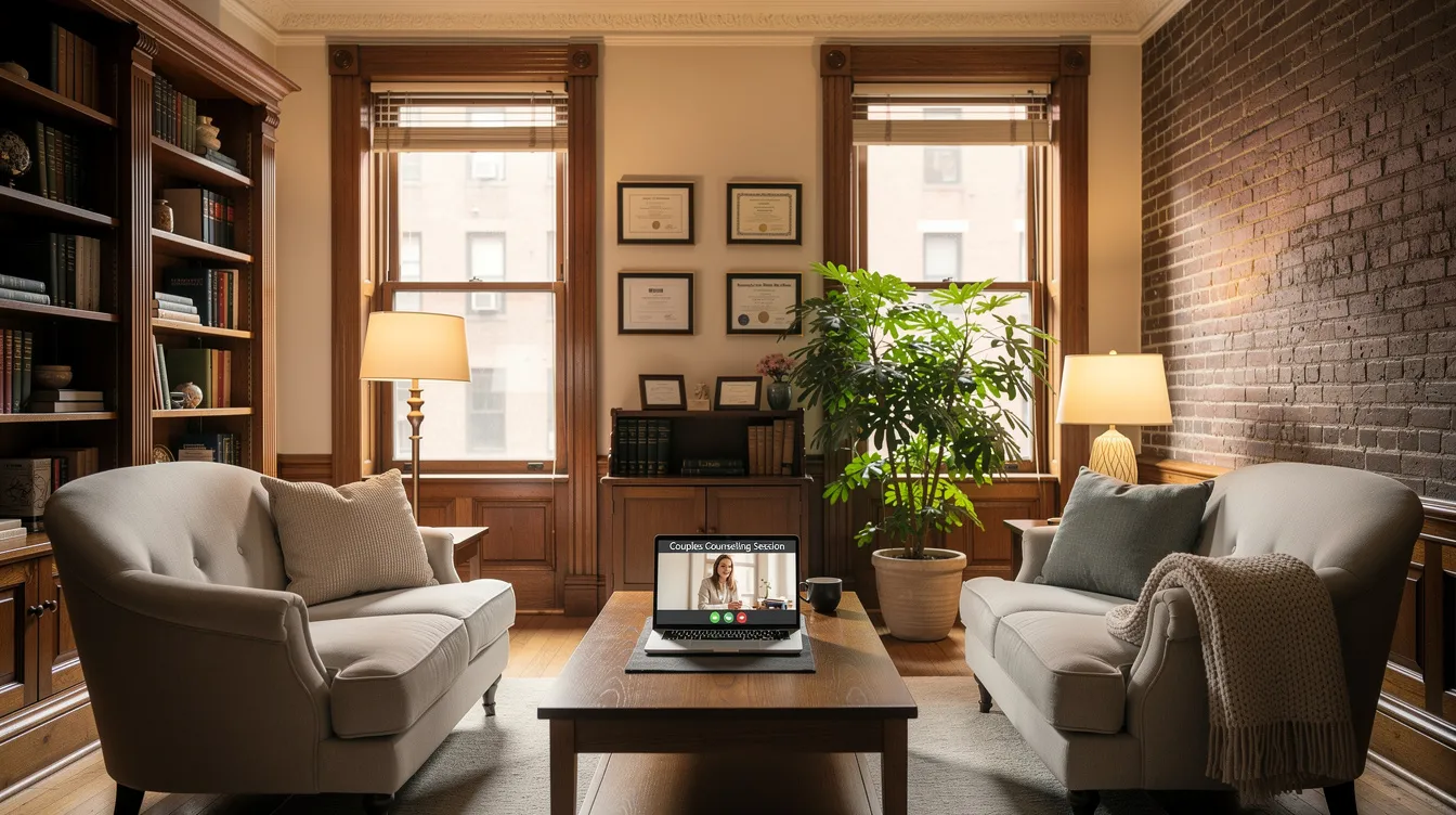 A Brooklyn brownstone living room arranged for a private telehealth session, sofa facing a laptop on the coffee table.