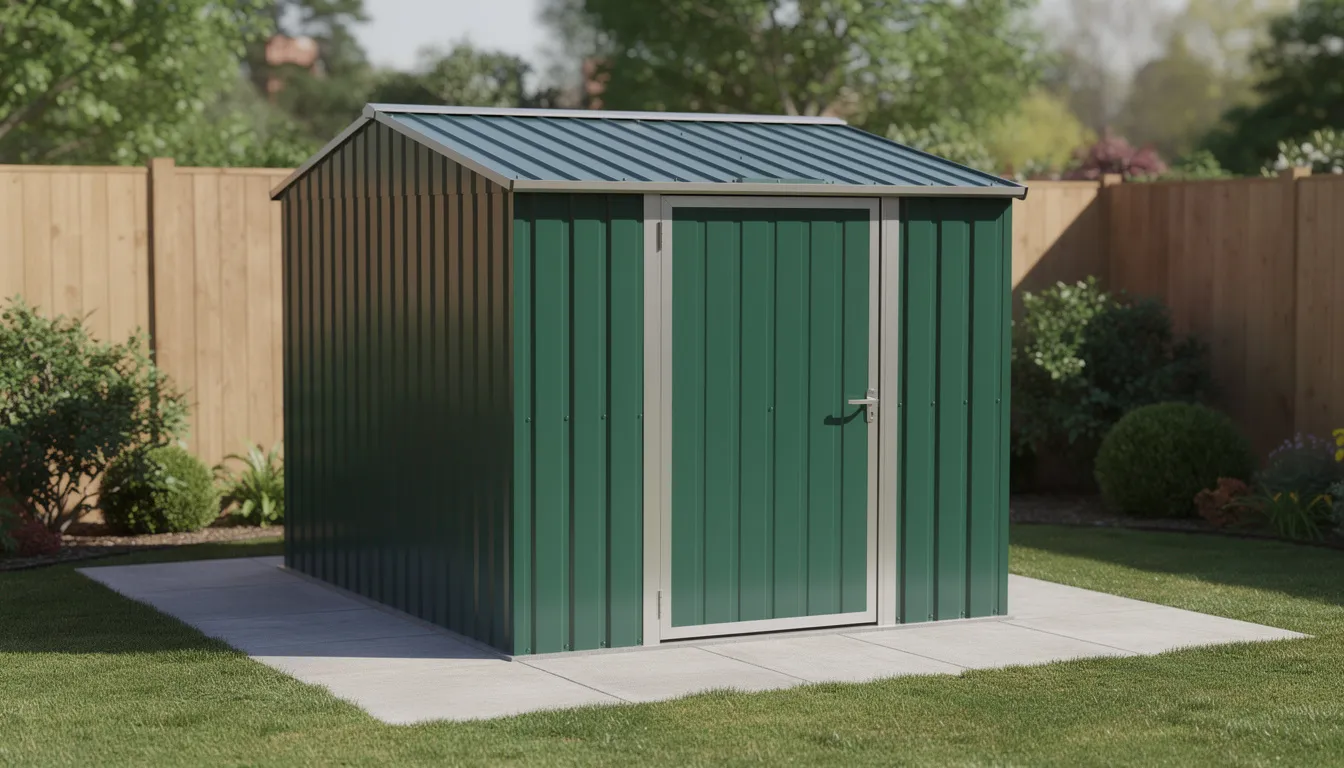 The image features a 6′ x 4′ Yardmaster Emerald Pent Metal Shed, showcasing its robust construction and sleek design, ideal for outdoor storage in small gardens. This low maintenance garden shed provides easy access with double doors, making it a perfect solution for storing garden equipment and tools.