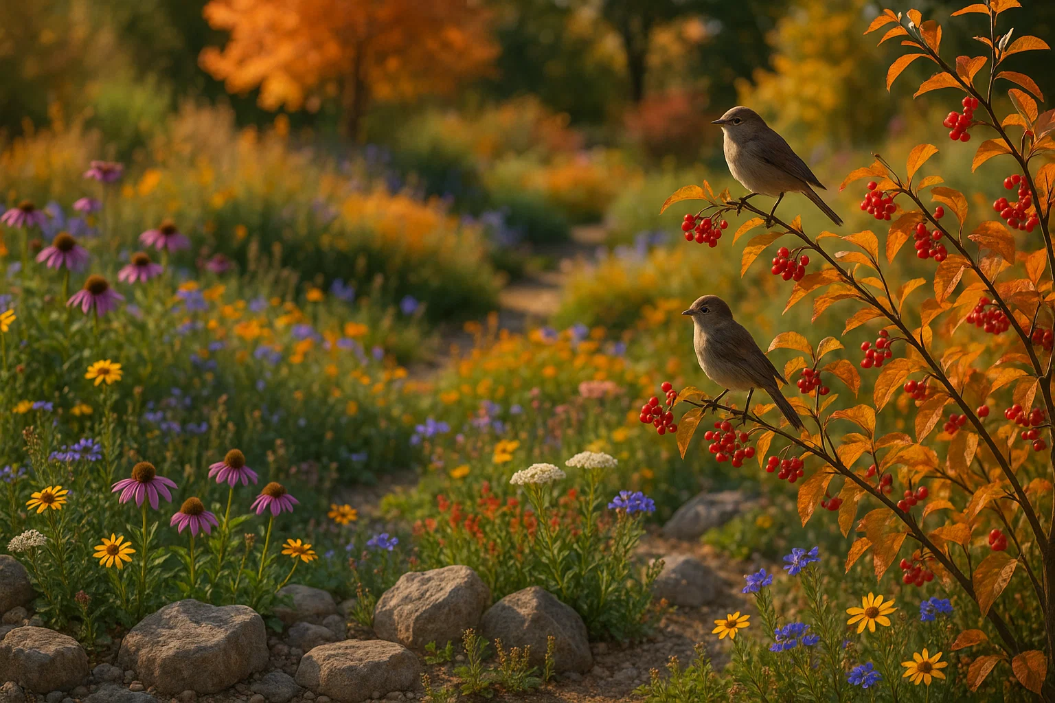 Wildlife-friendly garden with rock gardens, berry shrubs, and wildflowers.