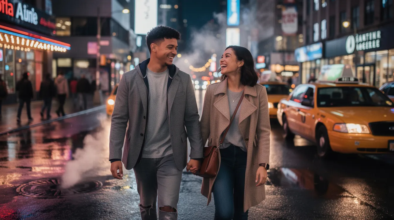 The image depicts a cozy coffee shop in New York City, where a couple is enjoying their first date, engaged in deep conversation. The vibrant NYC dating scene is evident, showcasing the emotional energy and hope for meaningful connections amidst the bustling atmosphere of the city.