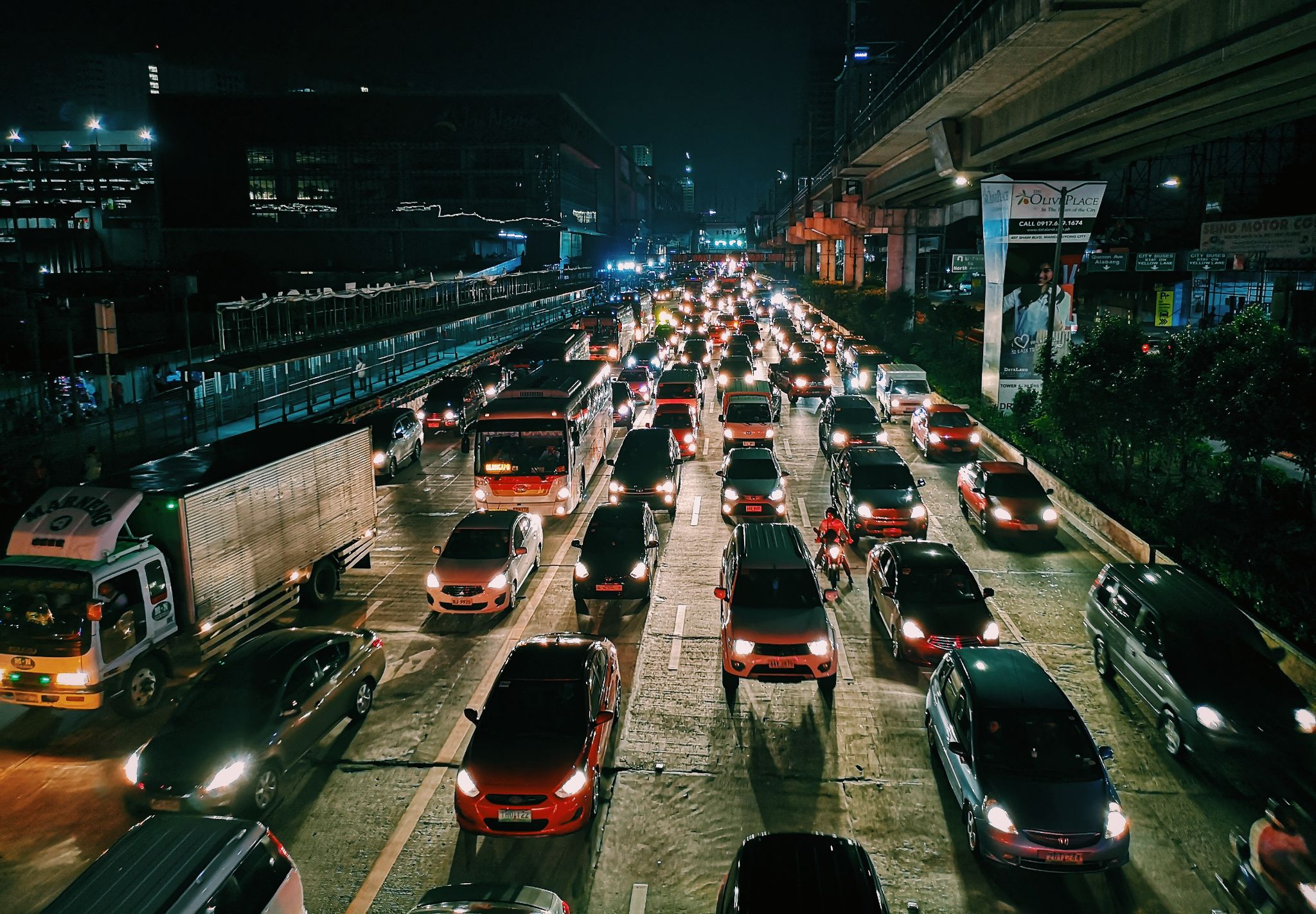 Traffic jam of various vehicles at night