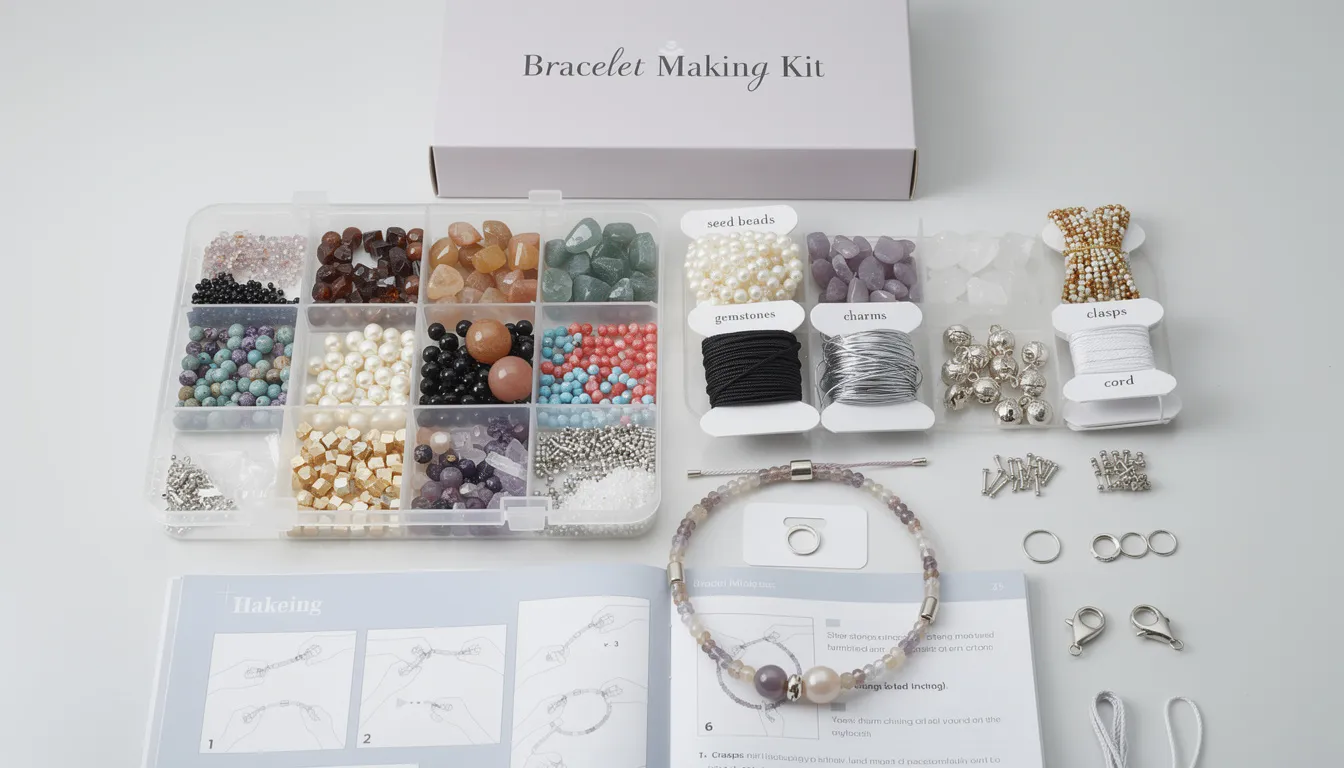 An image showcasing a variety of bracelet making kits, featuring colorful beads, charms, and beading supplies, all neatly arranged in a basket. Each kit includes essential findings and clear instructions, perfect for beginners looking to create beautiful handmade jewellery.