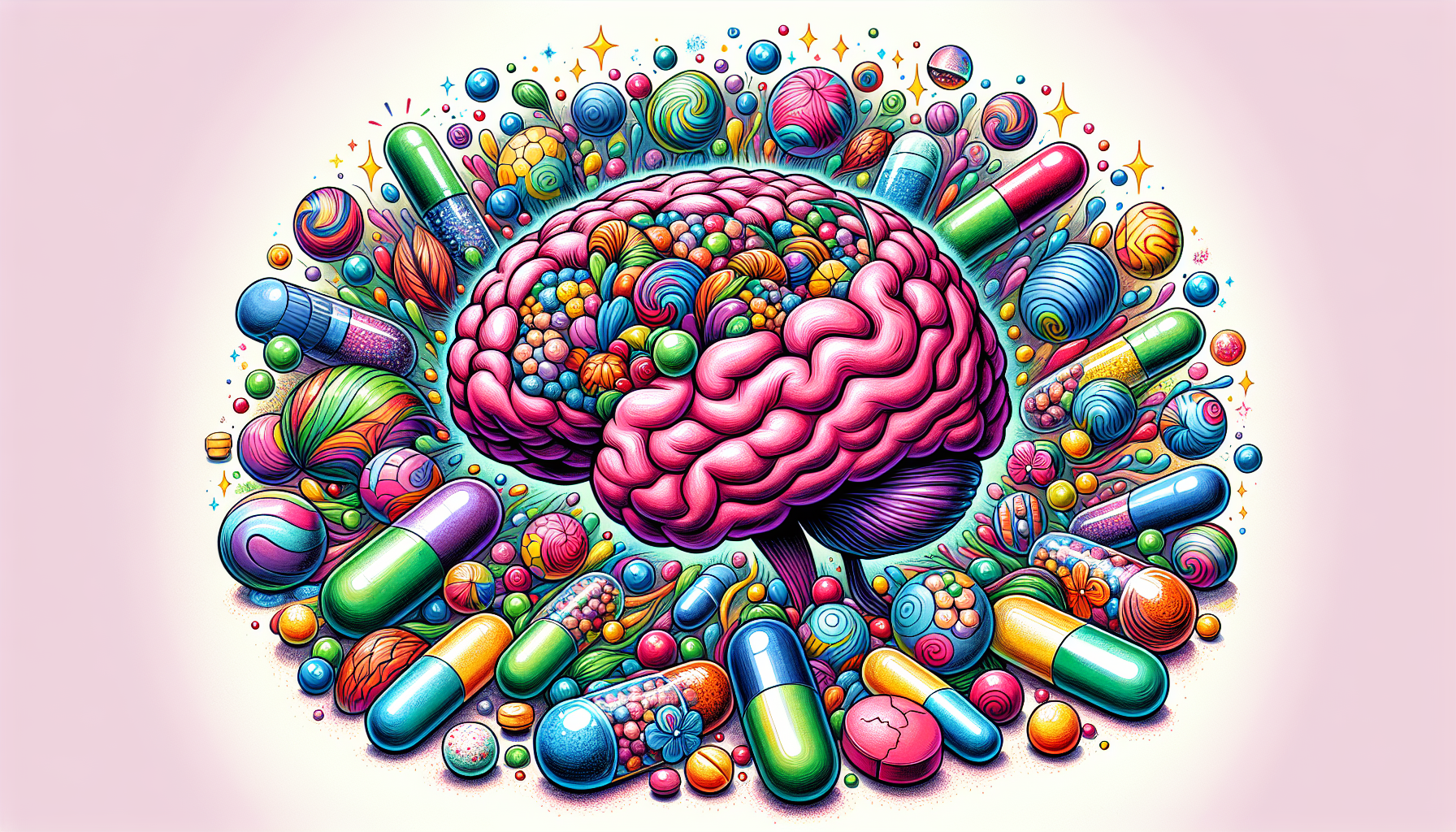 An artistic representation of various brain supplements to combat brain fog.