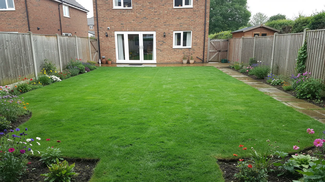 The image depicts a vibrant, healthy green lawn in a UK back garden, showcasing lush grass that thrives under expert lawn care. This beautiful lawn is free of bare patches and weeds, reflecting the effective use of lawn feed and seasonal treatments for year-round growth.