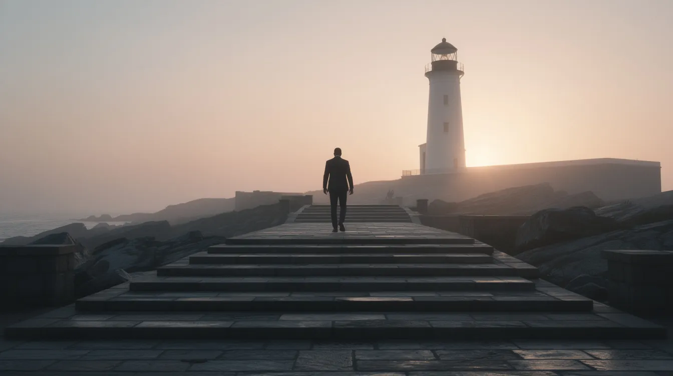 Eine einzelne männliche Silhouette steht auf einer steinernen Treppe, die zum Leuchtturm führt, während die Morgendämmerung eine geheimnisvolle Atmosphäre schafft. Die Szene erinnert an die spannungsgeladenen Momente eines Psychothrillers, wie sie in Martin Scorseses Filmen vorkommen.