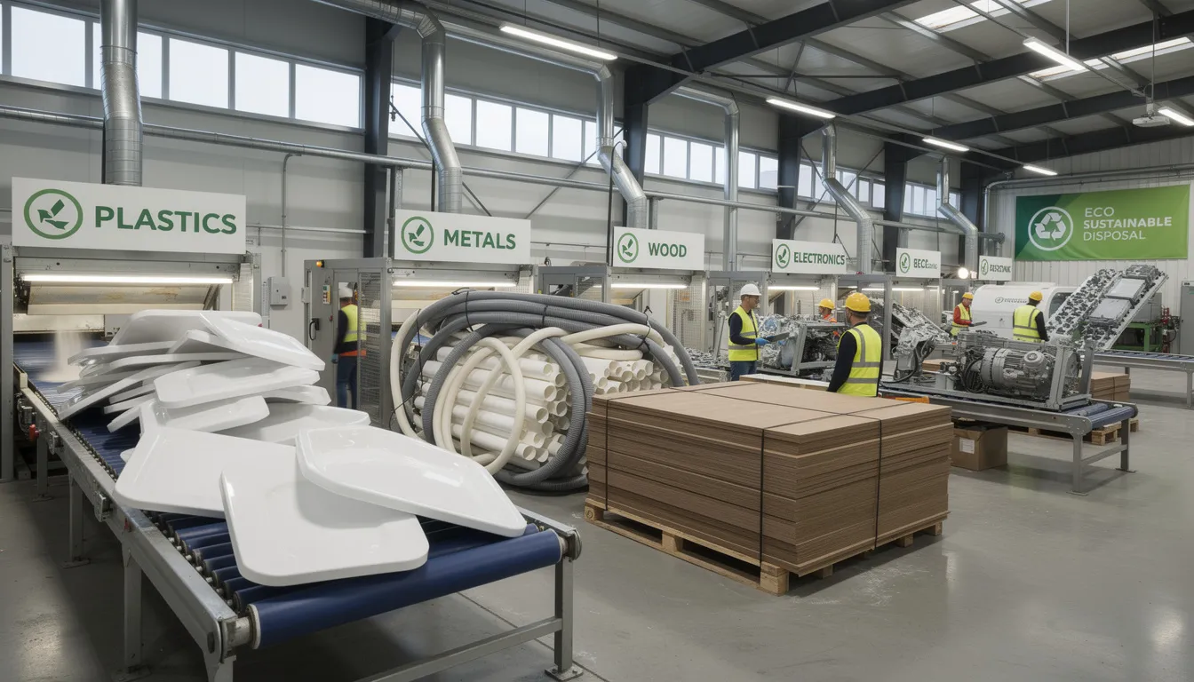 The image depicts a recycling facility where materials from old hot tubs are being sorted and processed for eco-friendly disposal. This scene highlights the importance of professional hot tub removal services in managing unwanted items while promoting environmental sustainability.