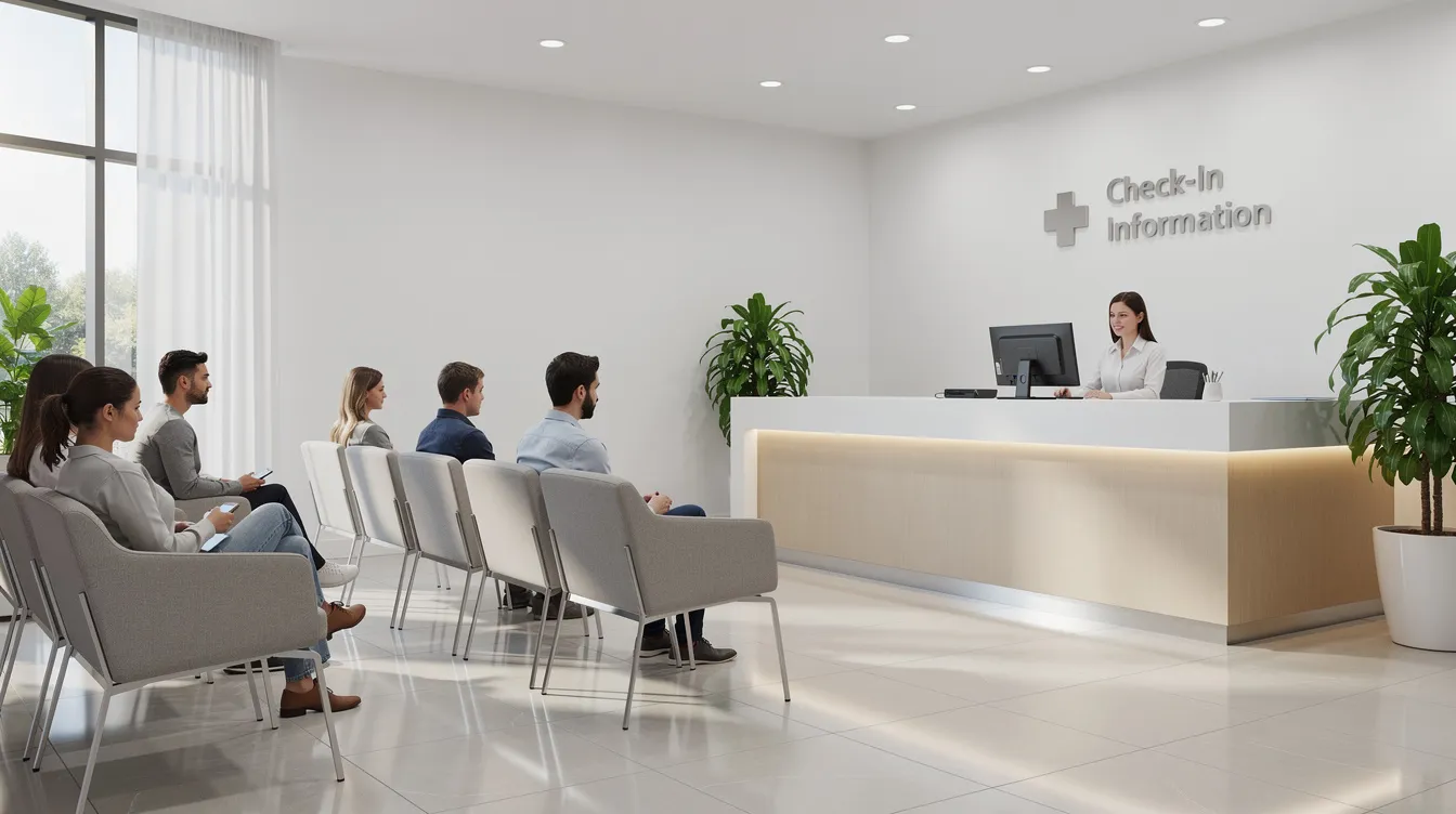 The image depicts a modern medical clinic waiting room featuring rows of comfortable chairs and a reception counter, designed to accommodate patients and their personal devices. This inviting space emphasizes the importance of secure storage solutions, such as cell phone lockers, for keeping personal items safe while waiting.