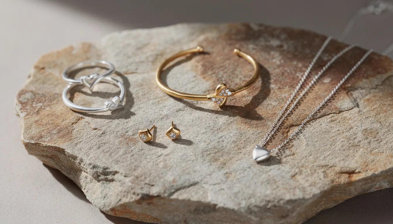 The image features a collection of elegant handmade silver and gold jewellery pieces artfully arranged on a natural stone surface, highlighting their intricate designs and craftsmanship. The natural setting enhances the beauty of the jewellery, making it a striking display for potential buyers.