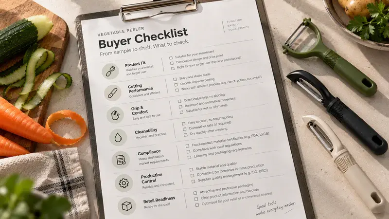 One-page buyer checklist covering product fit, cutting performance, grip, cleanability, compliance, production control, and retail readiness.