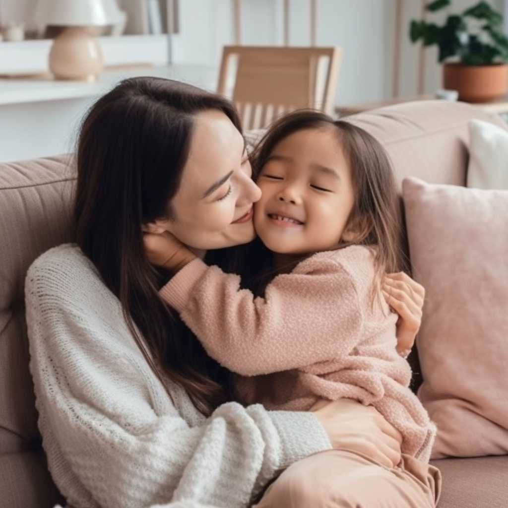 A mother and daughter enjoying a cozy moment on a sofa.