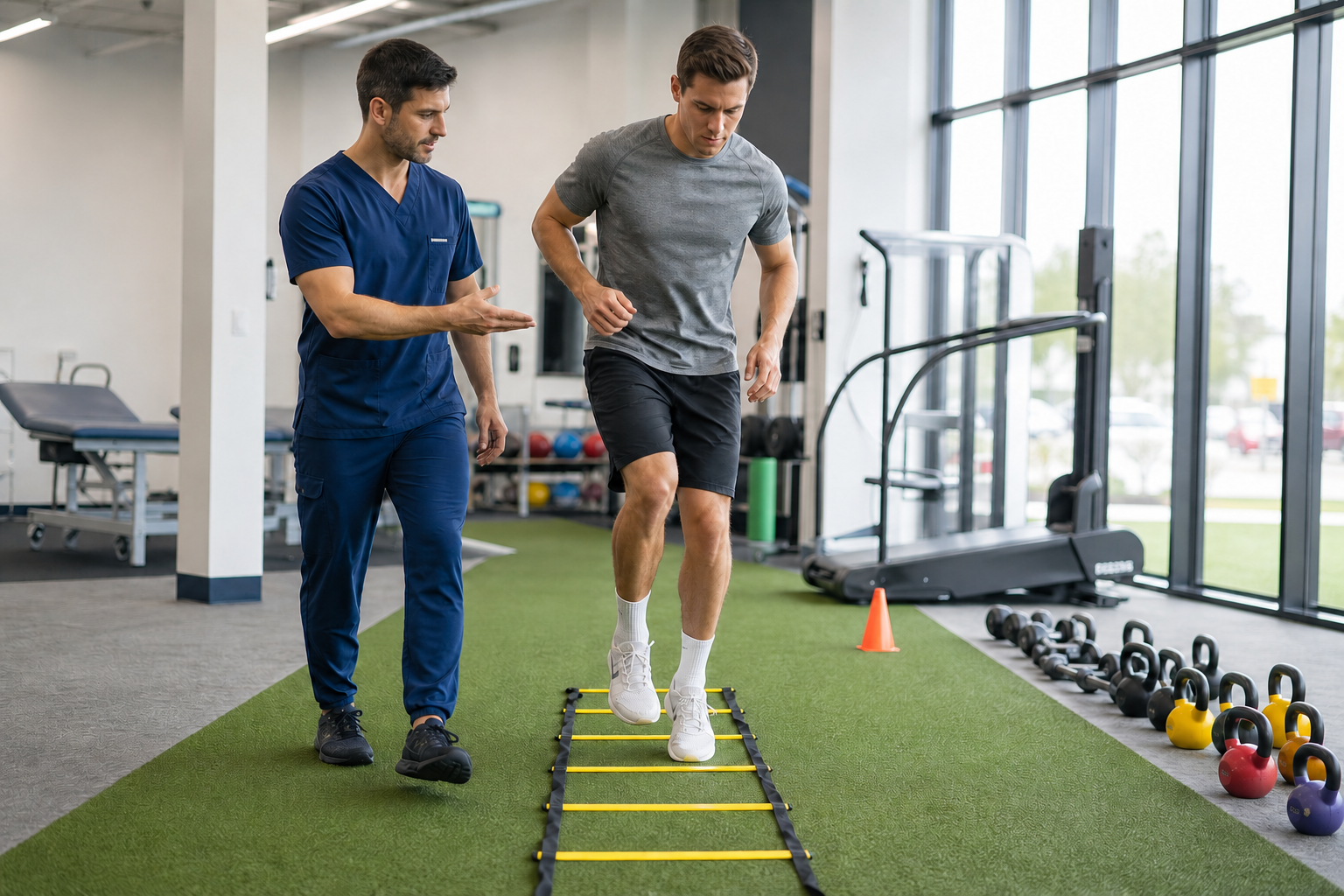 A physical therapist coaches a runner through agility ladder drills to build speed, stamina, and stay injury-free.