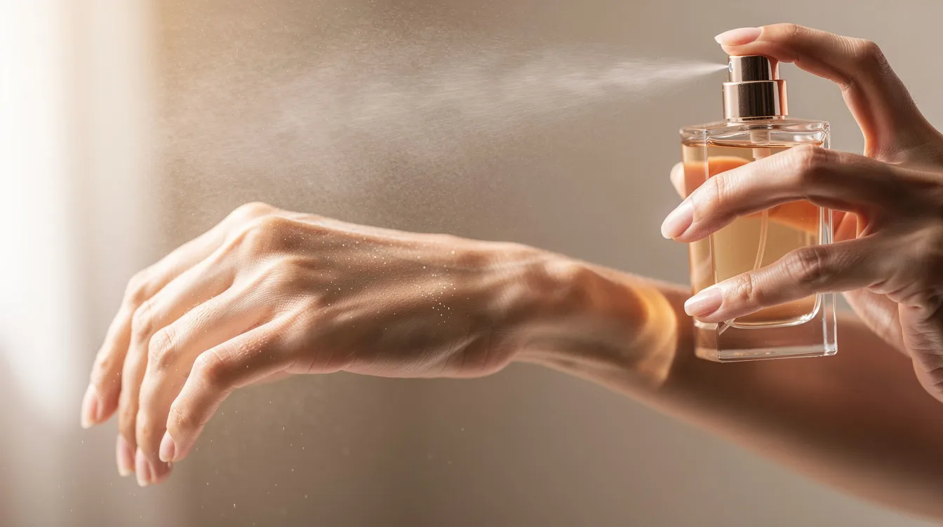 Nahaufnahme einer Person, die mit einer Parfumflasche einen feinen Sprühnebel auf ihr Handgelenk aufträgt. Die Szene vermittelt ein Gefühl von Eleganz und Selbstpflege.