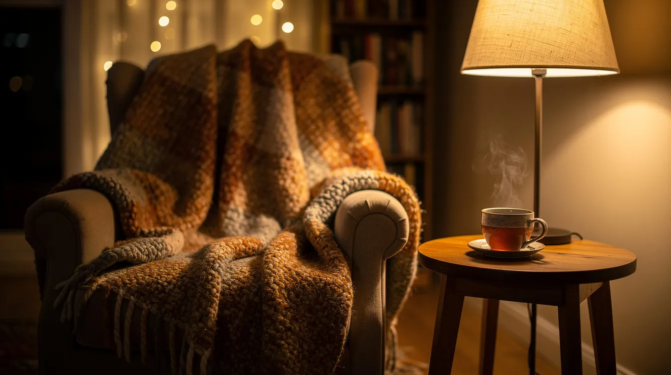 The image depicts a cozy evening scene featuring a warm blanket draped over a plush couch, a steaming cup of herbal tea resting on a side table, and soft ambient lighting creating a relaxing atmosphere. This inviting setup evokes a sense of calm and comfort, perfect for unwinding after a long day, reminiscent of the soothing effects of favorite strains like the blueberry muffin strain.