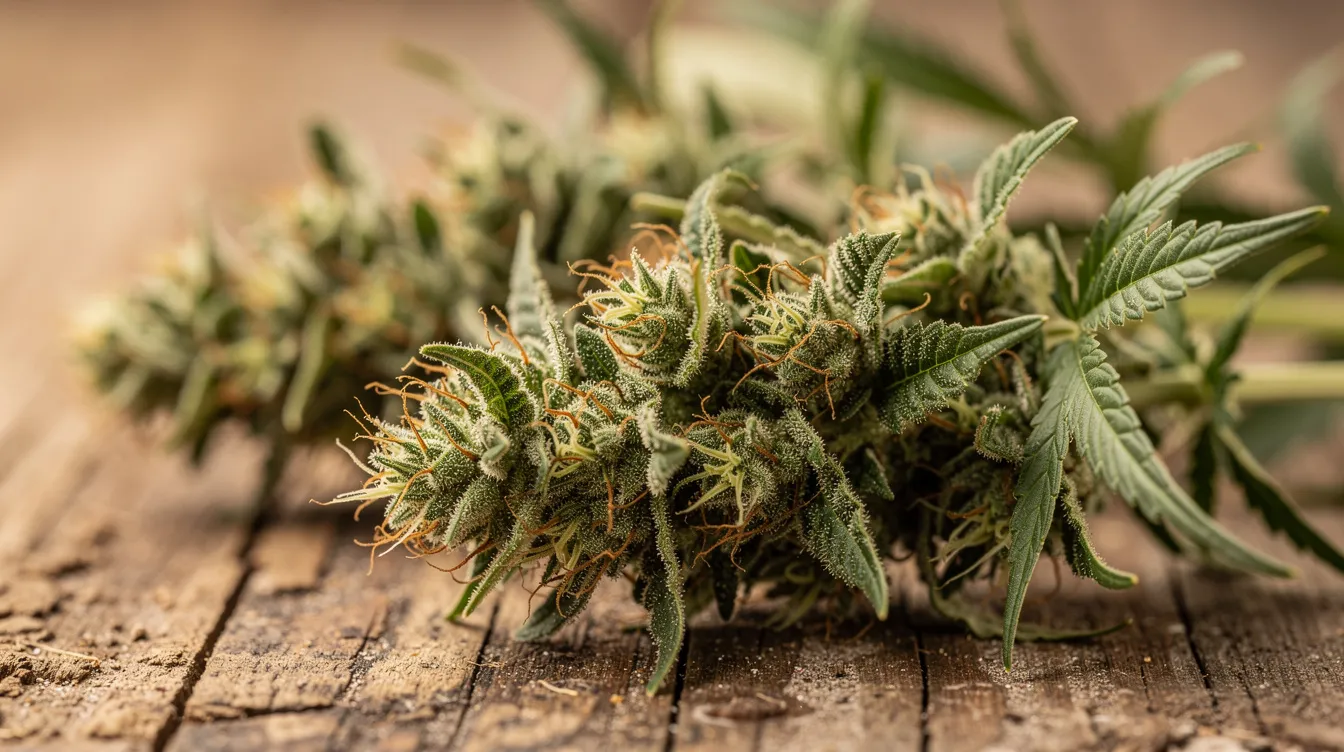 A close-up photograph captures raw green hemp flower buds resting on a wooden surface, illuminated by natural light. This image highlights the beauty of the cannabis plant, which is central to discussions about legal hemp products and the evolving hemp laws in states like Ohio.