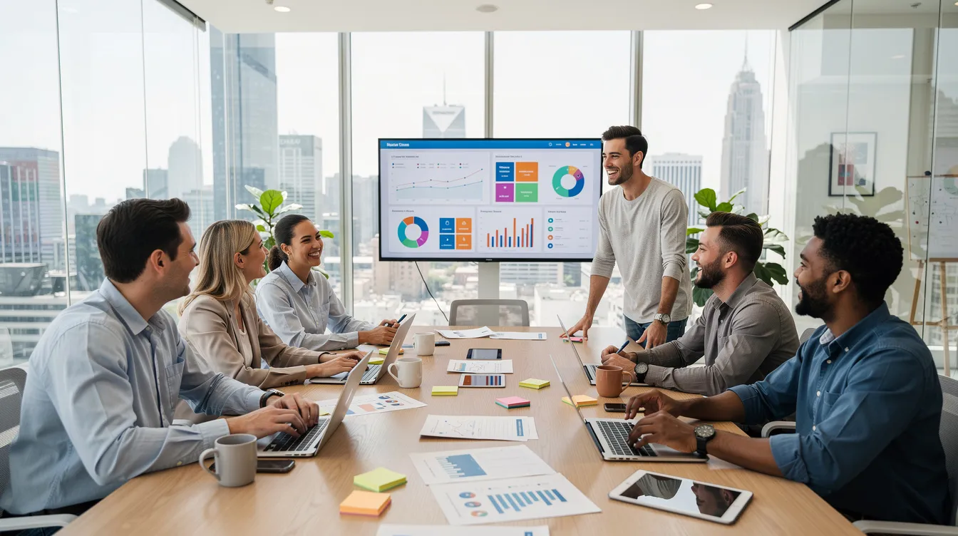 A team of professionals in a modern office meeting room, discussing ideas and strategies for successful apprenticeship programs.