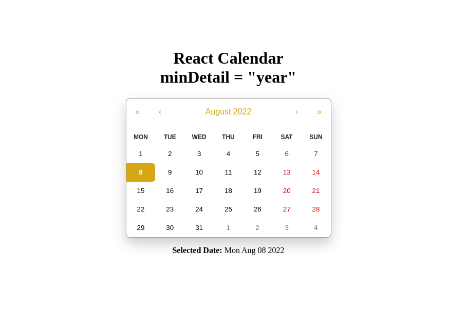 React Calendar with minDetail year