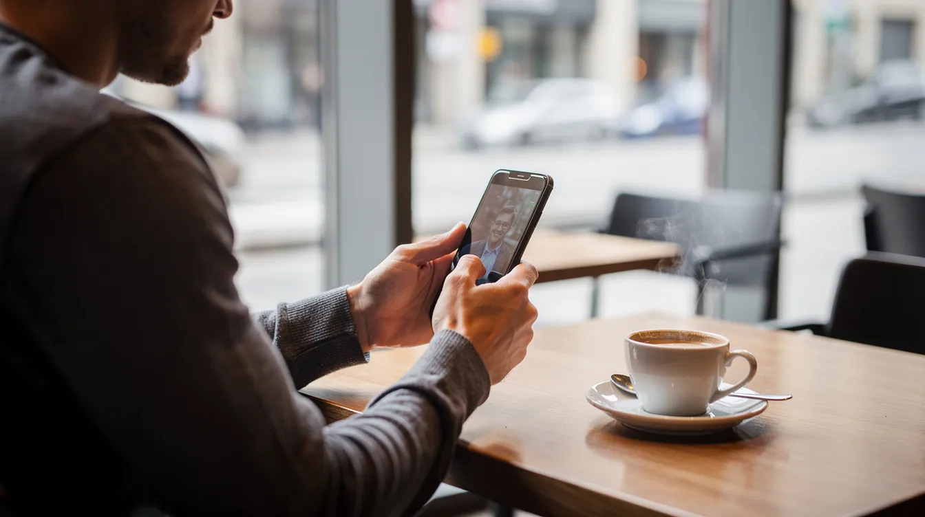 A person is sitting at a cafe, focused on their smartphone while a coffee cup rests beside them on the table. The scene captures a moment of casual relaxation, possibly considering a low-interest loan for professionals, like public servants or other specialists.