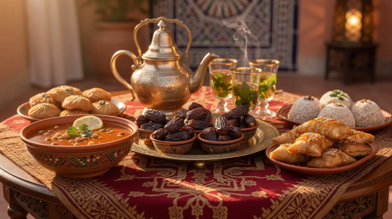 The image depicts a beautifully arranged Moroccan iftar table set for breaking the fast during Ramadan, featuring traditional items such as dates, harira soup, assorted pastries, and mint tea. Families gather around the table, embodying the spirit of Moroccan culture and the sacred month of Ramadan, celebrating together as the sun sets.