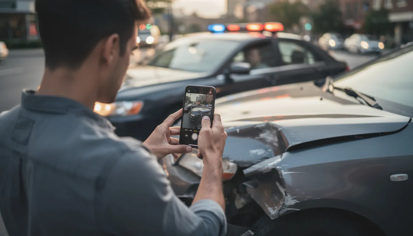 The image shows a person at an accident scene using a smartphone to photograph the damage to a vehicle, likely for a car accident claim. This documentation is crucial for dealing with insurance companies and gathering evidence related to the accident in New Mexico.