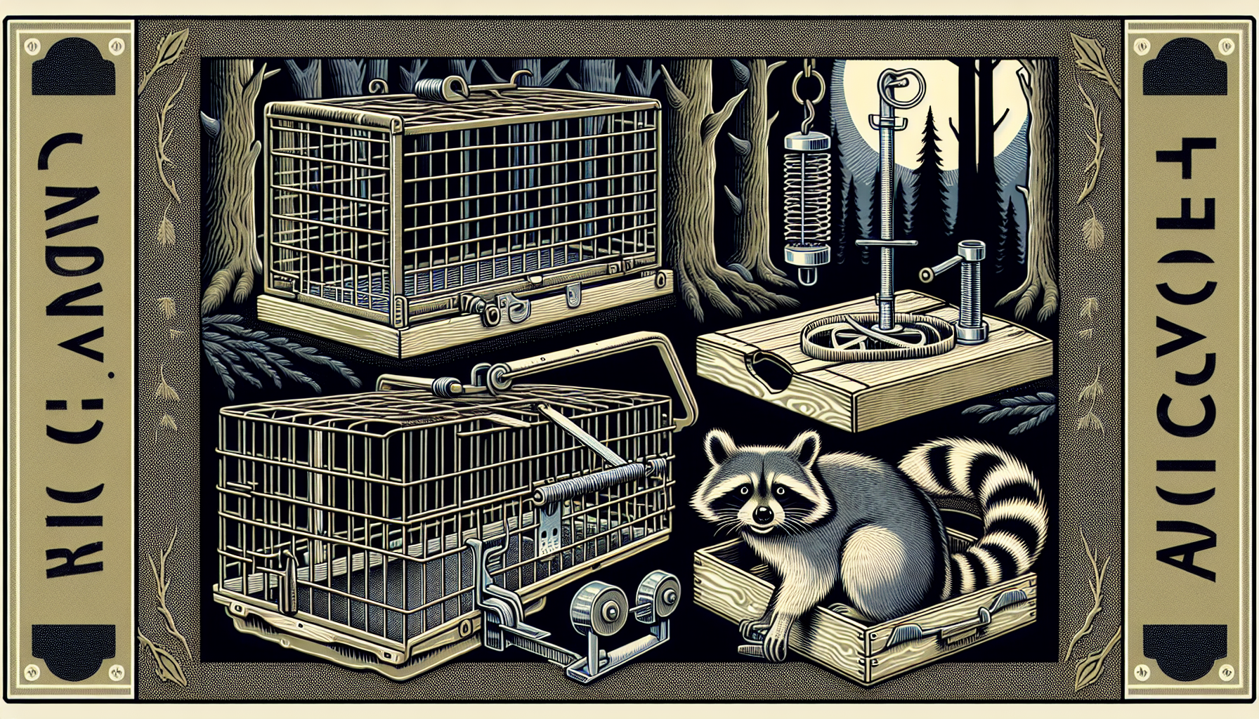 Illustration of different types of humane traps for raccoons