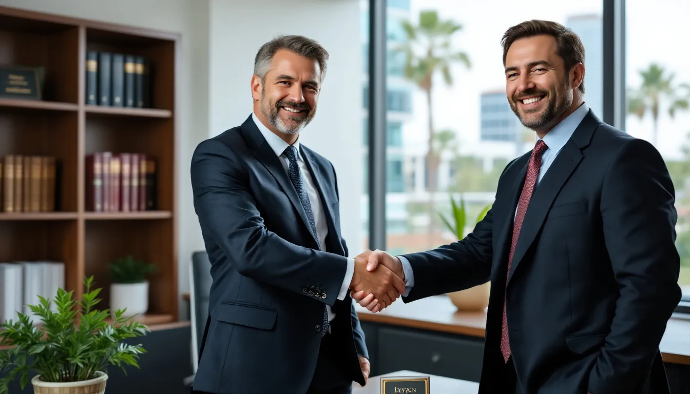 An estate planning attorney in Irvine, California, shakes hands with a client, symbolizing their successful collaboration in avoiding probate through a customized estate plan. The background features a sunny California landscape, reflecting a sense of security and thoughtful planning for the family's future.