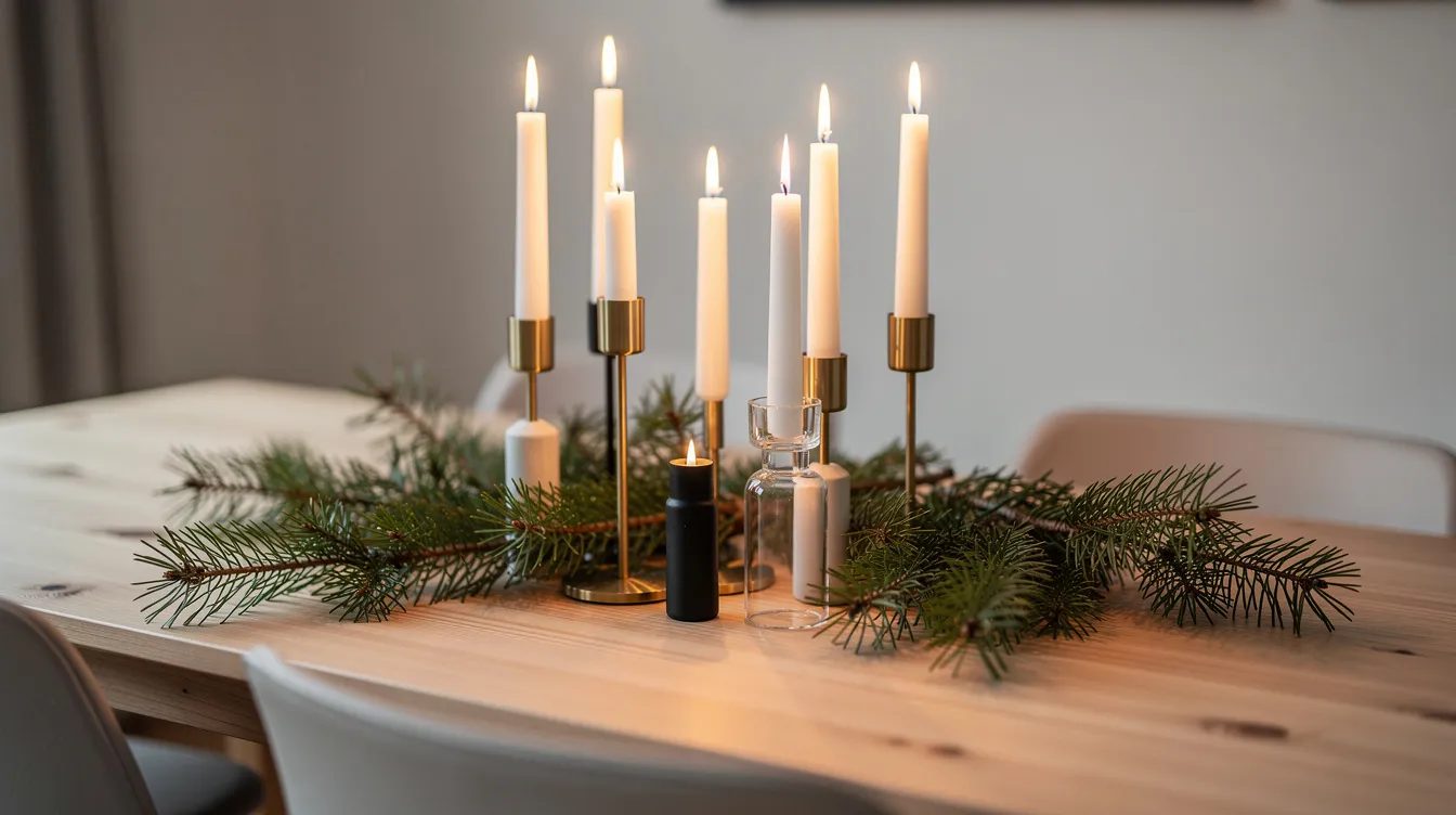 Ett matbord dekorerat med en grupp ljusstakar i olika material och höjder, där tända kronljus sprider ett varmt sken. Runtomkring finns granris som skapar en inbjudande och stämningsfull atmosfär i hemmet.