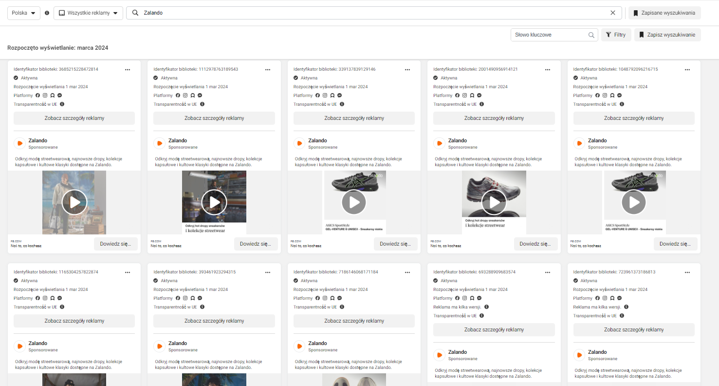 Lista reklam na Facebooku wybranej marki.