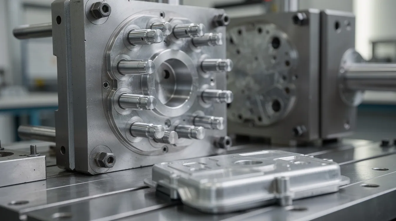 The image shows an opened injection mold with black ejector pins protruding from the core side, alongside a freshly molded plastic part. The arrangement highlights the importance of ejector pin placement in the injection molding process, ensuring smooth part ejection and minimizing pin marks on the surface.