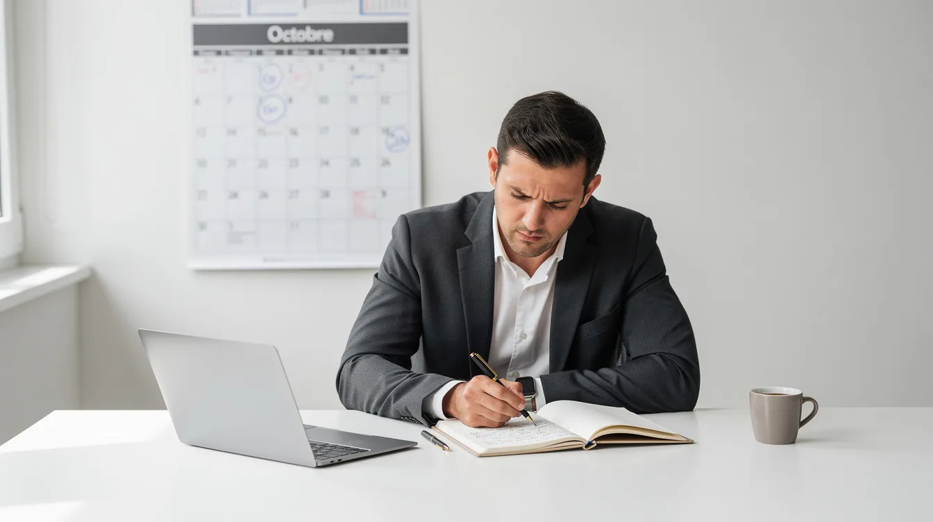 L'image montre un manager concentré à son bureau épuré, avec un carnet ouvert et un calendrier en arrière-plan, illustrant l'importance de la gestion du temps et des priorités dans son quotidien professionnel. Cette scène évoque des conseils pratiques pour mieux gérer son temps et optimiser sa productivité.